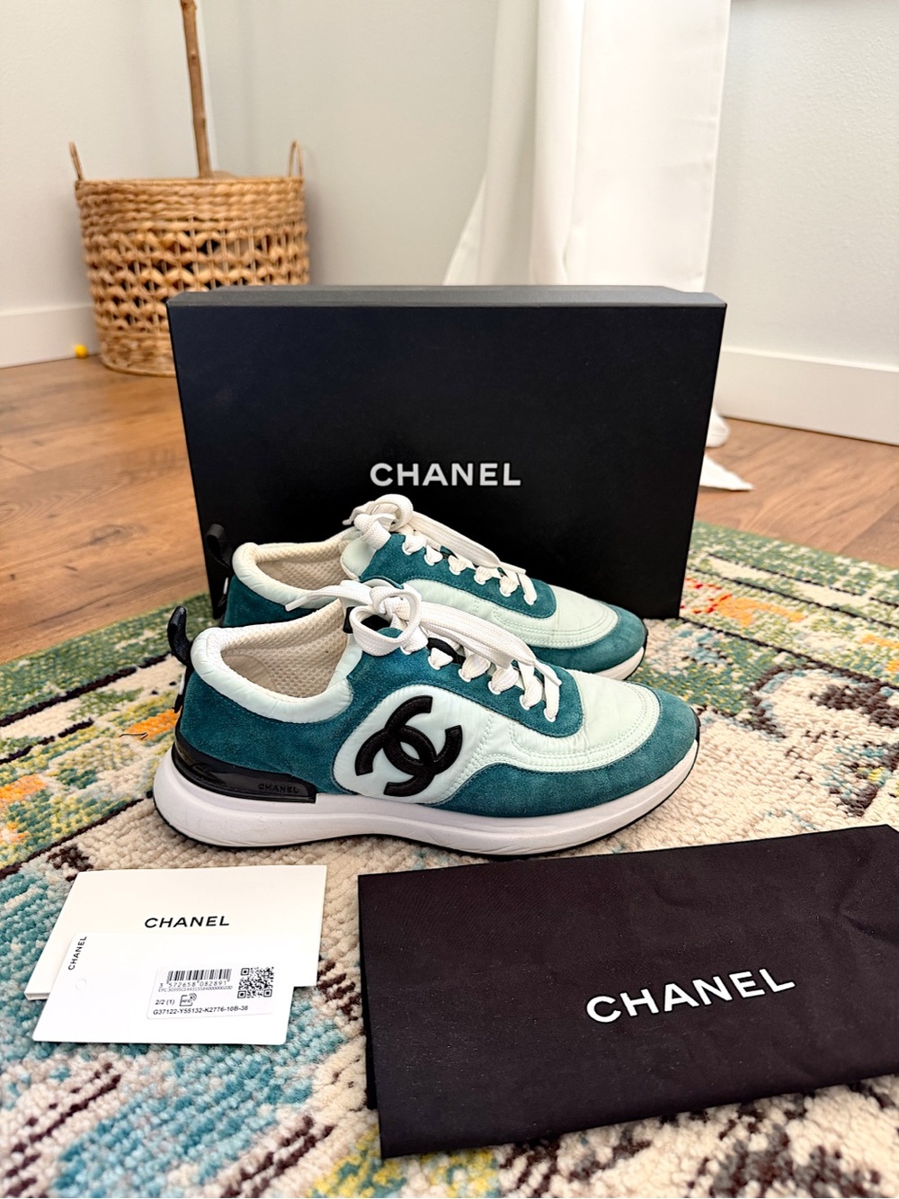 Chanel 2021 Green Mint Black  CC suede sneakers trainers 38
